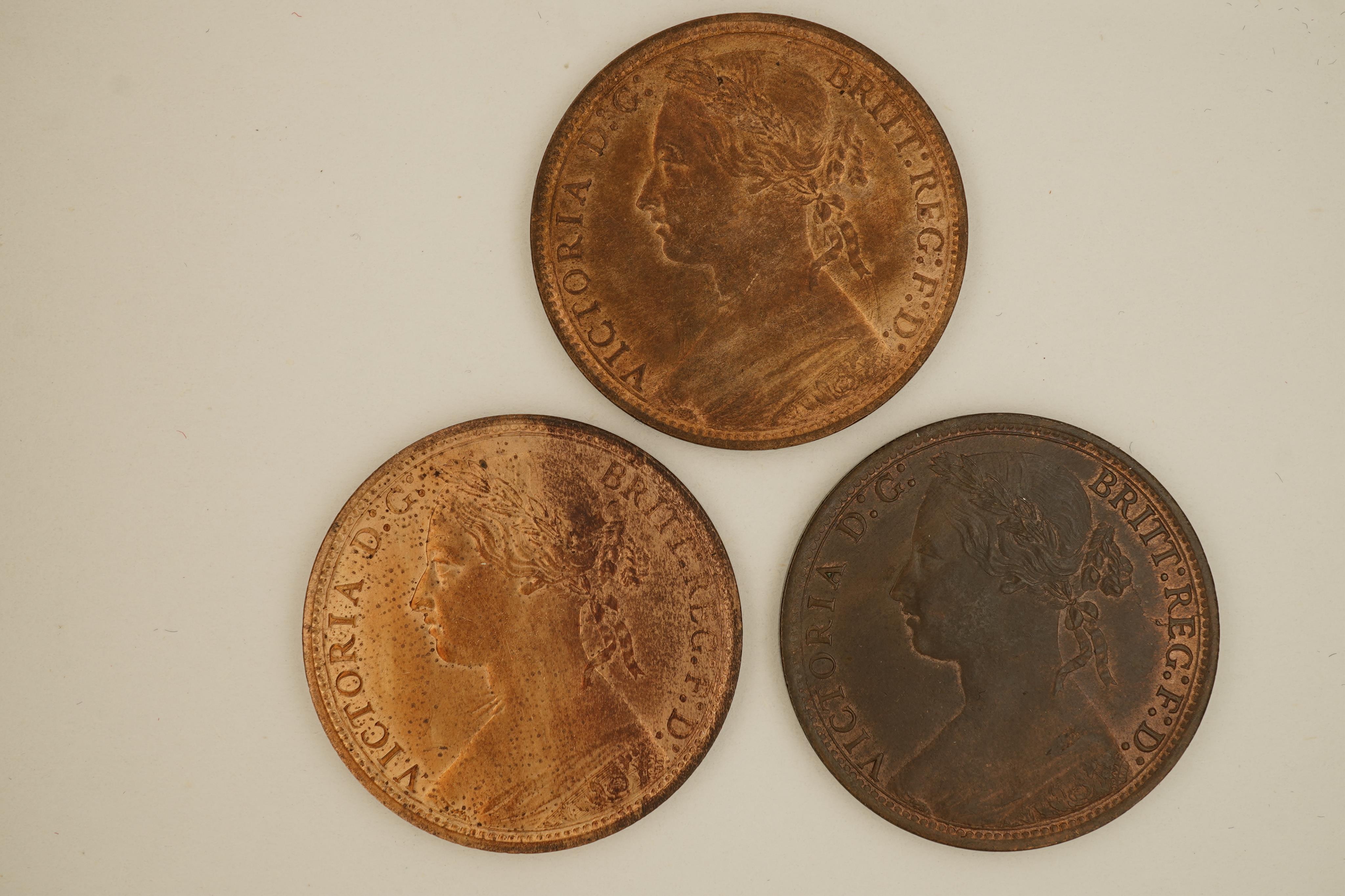 British coins, Victoria, three bronze pennies;, 1876, H below small date, Fr. 89, Gouby dies L/m, good EF, much lustre, 1877, Fr. 91, Gouby dies L/k, spotting and die clash to obv. otherwise crisply struck near UNC, much